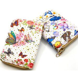 Butterfly & Floral Print Zippered Wallets With Pink Wrist Strap - Set Of 2